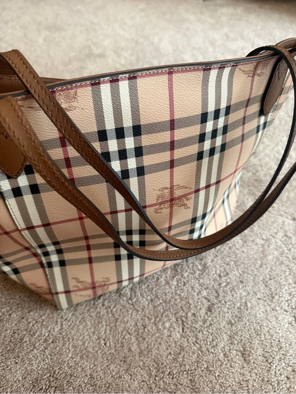 Burberry Vintage Check Canvas Tote in Beige and Brown with Red Accents